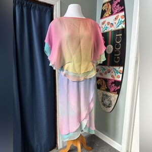CAROL PERETZ French Silk Mousseline Rainbow Ombré Skirt Top 2pc Set Fairycore